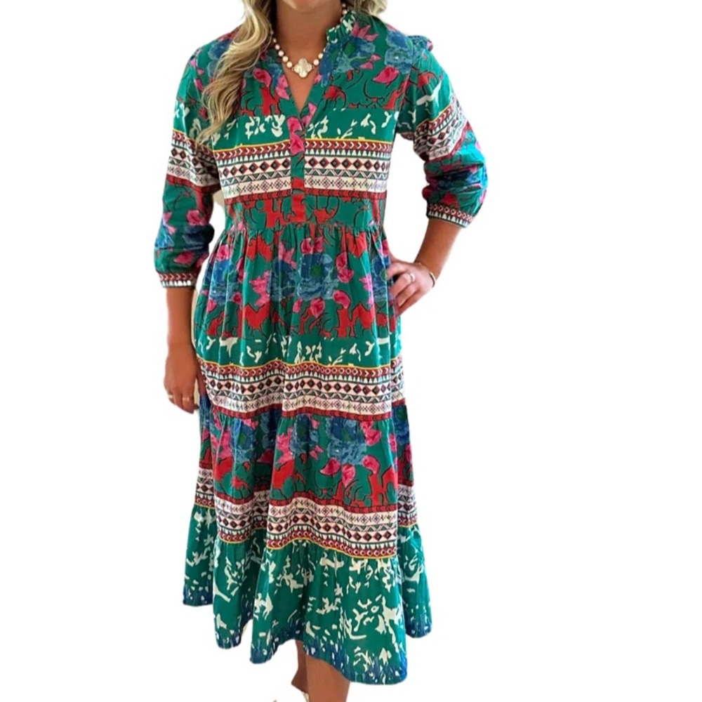 🌺 Liza Byrd Boho Floral Tiered Midi Dress – Size M – 100% Cotton